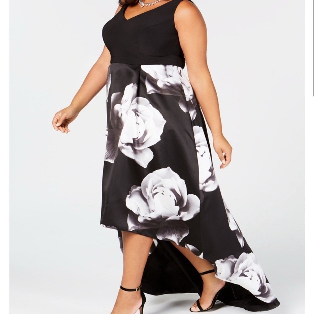 Used once Betsy & Adam Plus-Size High-Low Black and White Floral Print Gown